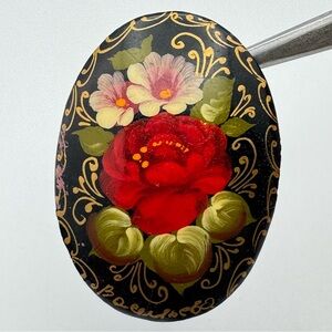 Beautiful Vintage Russian Hand Painted Floral Wooden Lacquer Brooch